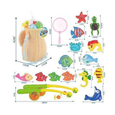 Магнитная рыбалка (корзина, 2 удочки с трещотками, 14 фигурок с магнитами и кольцами, сачок, в сетке)688 B-201 688 B-201 фото